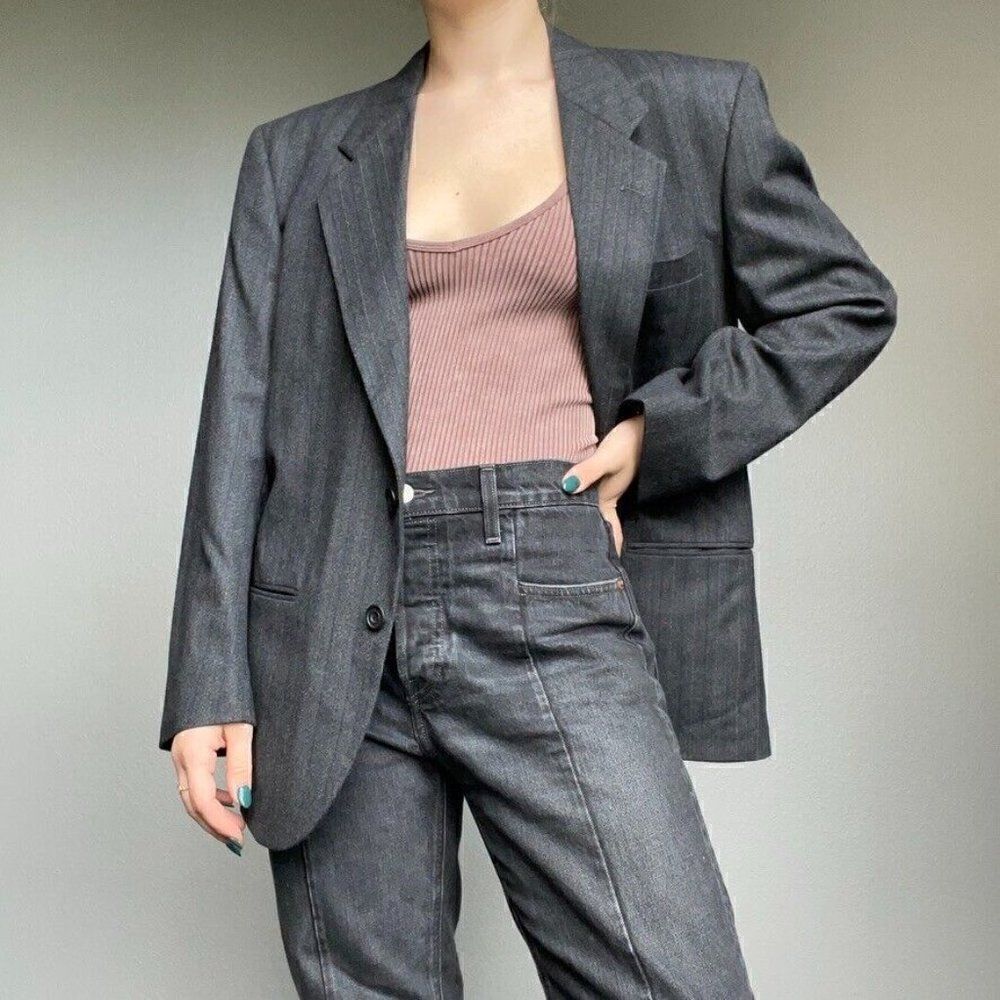 Vintage Givenchy Dark Gray Striped Oversized Wool Blazer Preppy Sport Coat 40R - Picture 5 of 11